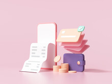 Cashless Society, Credit Card, Wallet And Smartphone With A Transaction On Pink Background. Money-saving, Online Payment Concept. 3d Render Illustration