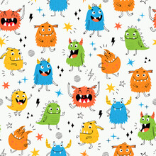 Vector Seamless Pattern Of Funny Colorful Monsters For Kid's Design