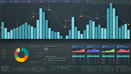 Poster - Business stock market, trading, info graphic with animated graphs, charts and data numbers insight analysis to be shown on monitor display screen for business meeting mock up theme