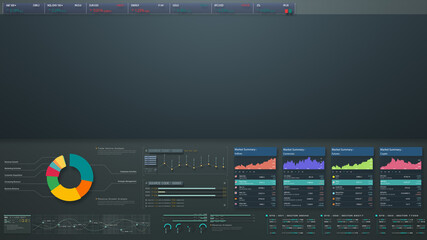 Poster - Business stock market, trading, info graphic with animated graphs, charts and data numbers insight analysis to be shown on monitor display screen for business meeting mock up theme