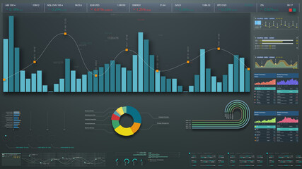 Poster - Business stock market, trading, info graphic with animated graphs, charts and data numbers insight analysis to be shown on monitor display screen for business meeting mock up theme