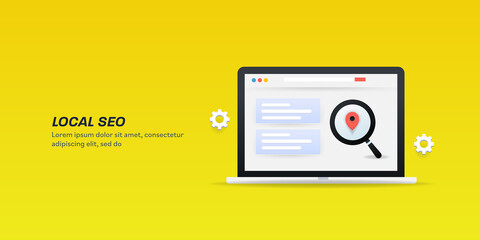 Wall Mural - LOcal SEO business concept. Search engine showing local shop map on laptop screen, Local store search marketing, yellow background.