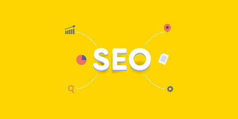 SEO search engine optimization concept. SEO word with marketing icons and elements, yellow background, web template.