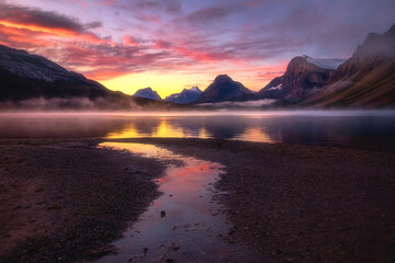 A foggy morning at Bow lake, Canadian Rockies, Alberta, Canada