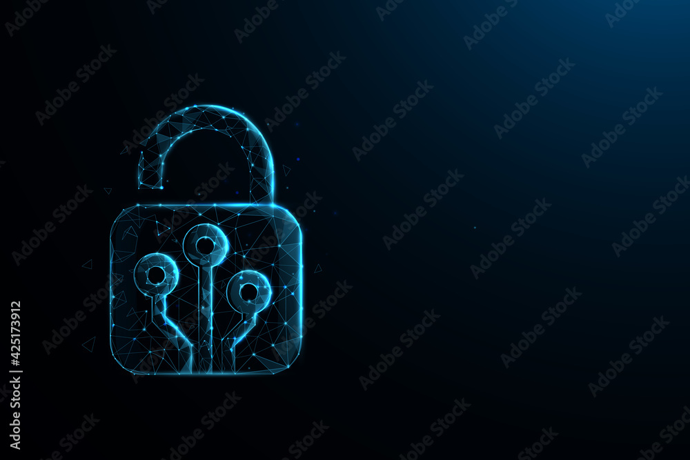Technology cyber security concept. Lock symbol from lines and triangles, point connecting network on blue background. Illustration vector - obrazy, fototapety, plakaty 