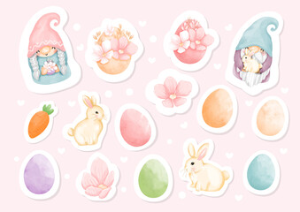 Wall Mural - Watercolor Happy Easter day Stickers with cute gnome and Easter's Elements, Vector illustration. 