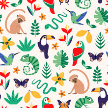 Vector Seamless Tropical Pattern With  Jungle Stylized Animals, Birds, Flowers And Leaves On Light Background.