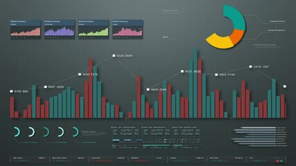 Aufkleber - Business stock market, trading, info graphic with animated graphs, charts and data numbers insight analysis to be shown on monitor display screen for business meeting mock up theme