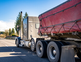 Powerful classic gray big rig semi truck transporting covered and tightened cargo on the flat bed semi trailer running on the highway at sunny day