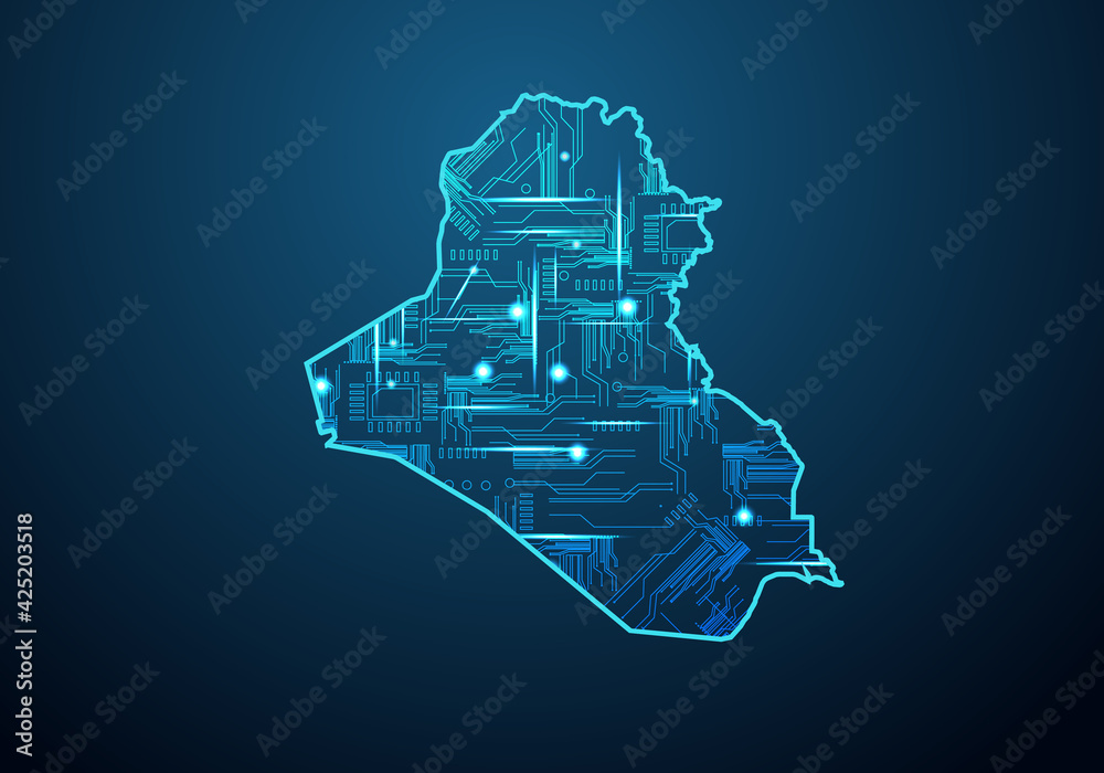 Abstract futuristic map of iraq. Circuit Board Design Electric of the region. Technology background. mash line and point scales on dark with map. - obrazy, fototapety, plakaty 