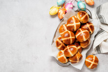 Traditional English Cuisine, Fresh Hot Cross Buns For Easter Breakfast. Top View. Space For Text