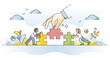 Find solution as help fitting jigsaw puzzle pieces together outline concept. Collaboration, teamwork or work support for problem solving vector illustration. Business matching with assistance and help