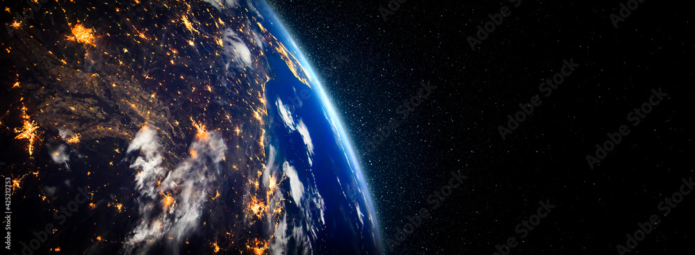 Planet earth globe view from space showing realistic earth surface and world map as in outer space point of view . Elements of this image furnished by NASA planet earth from space photos. - obrazy, fototapety, plakaty 