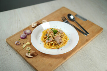 delicious spaghetti carbonara served on wooden table lunch dinner