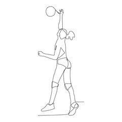 Wall Mural - Single line drawing of young male professional volleyball player exercising jumping serve on court vector illustration. Team sport concept. Tournament event. Modern continuous line draw design