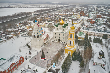 Wall Mural - Scenic aerial view of ruins of ancient Kremlin in old small russian town Kolomna. Beautiful winter snowy look of old fortress in ancient historic russian town