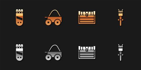 Sticker - Set Quiver with arrows, Wooden four-wheel cart, Antique treasure chest and Torch flame icon. Vector