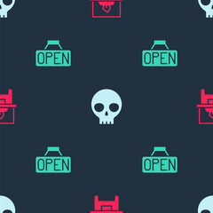 Wall Mural - Set Glass showcase for exhibit, Human skull and Hanging sign with Open on seamless pattern. Vector