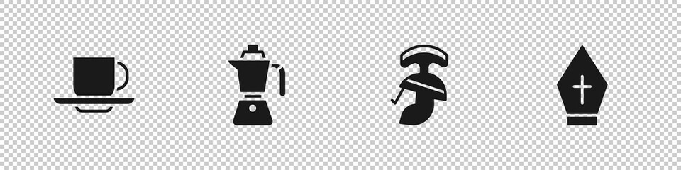 Sticker - Set Coffee cup, moca pot, Roman army helmet and Pope hat icon. Vector