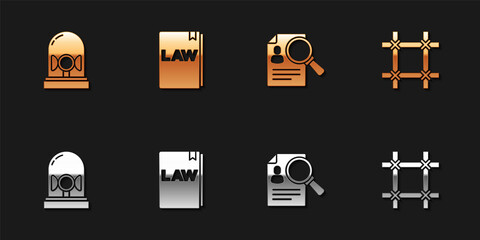 Sticker - Set Flasher siren, Law book, Paper analysis magnifying and Prison window icon. Vector