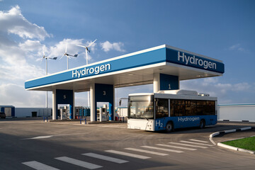fuel cell bus at the hydrogen filling station. concept