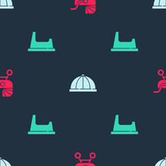 Sticker - Set Baby stroller, hat and potty on seamless pattern. Vector