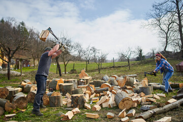 Wall Mural - Couple of farmers splitting wood