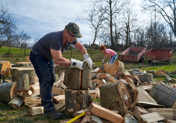 Wall Mural - Couple of farmers splitting wood