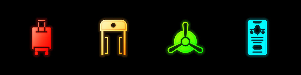 Sticker - Set Suitcase, Metal detector in airport, Plane propeller and Mobile with ticket icon. Vector