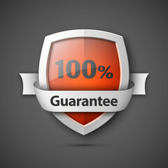 100% Guarantee guard shield concept. 100% safety badge icon. Privacy guarantee shield banner. Security label. Defense Protected tag. Presentation shining sticker shape. Defense safeguard shield