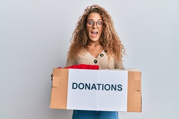 Poster - Beautiful caucasian teenager girl volunteer holding donations box celebrating crazy and amazed for success with open eyes screaming excited.