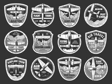 Aviation School And Air Tours Icons Set. Professional Pilots Academy, And Airplane Travels Emblem Or Badges. Vintage Aircraft, Retro Propeller Biplane And Monoplane Flying In Sky Vector