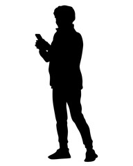 Wall Mural - Young woman holds a smartphone in her hand. Isolated silhouettes of people on a white background