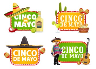 Wall Mural - Cinco de Mayo Mexican holiday isolated icons with vector fiesta party sombrero hats, maracas and guitar, red chilli peppers, tequila and guacamole, mariachi musician, cactus and jalapeno