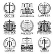 Justice icons, lawyer or notary service office and law court vector emblems. Legislation, jurisprudence and legal department signs of justice scales, judge and law book with courtroom gavel and laurel