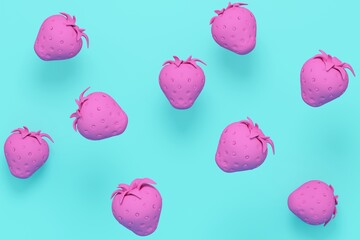 Poster - Blue funny abstract background with pink strawberries. 3d rendering