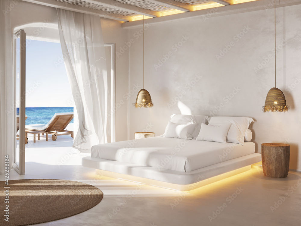 3d Mediterranean Greek island style allwhite bedroom with unique style and a view to the aegean sea	
 - obrazy, fototapety, plakaty 