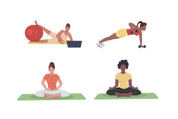 Poster - Women exercising flat color vector faceless character set. African american girl meditating, Workplace workout isolated cartoon illustration for web graphic design and animation collection