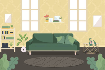 Living room flat color vector illustration. Modern apartment with comfortable couch. Sofa near bookshelves. Home with furniture. Contemporary household 2D cartoon interior with windows on background