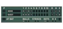 Scoreboard Of Baseball Sport Game Vector Template. Score Board Of Championship Tournament Match, Stadium Equipment With Inning Frames, Home Run, Balls, Strikes And Outs, Play Time And Countdown Timers