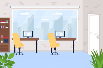 Wall Mural - Office workspace flat color vector illustration. Job position, work in company. Corporate space. Computers on desk. Workplace for marketing team 2D cartoon interior with furniture on background