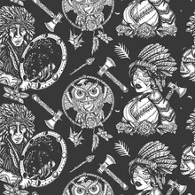 Native American Indian, Old School Tattoo Style. Ethnic Warrior Girl, Shamanic Female, Dream Catcher, Owl And Old Cherokee Shaman. Dark Seamless Pattern. Tribal Culture And History