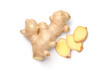 © Paitoon - Flat lay of Fresh ginger rhizome with slices  isolated on white background.