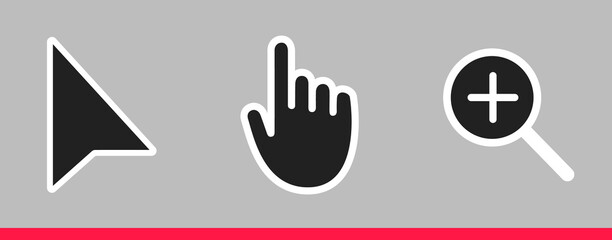 Leinwandbilder - Black and white arrow, hand and magnifier mouse cursor icons vector illustration set flat style design isolated on gray background.