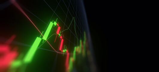 Poster - Business investment finance analysis data statistics digital stock market exchange forex trading graph chart financial candlestick indicator screen board abstract graphic design background. 3d render.