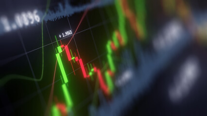 Poster - Business investment finance analysis data statistics digital stock market exchange forex trading graph chart financial candlestick indicator screen board abstract graphic design background. 3d render.