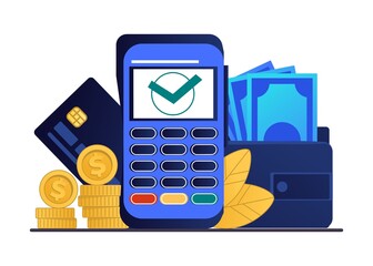 Fototapete - Payment terminal. Cashless financial transaction concept. Pay with credit card. Electronic banking equipment, stacks of coins and wallet with banknotes. Vector online money transfer