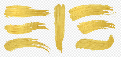Aufkleber - Golden brush. Realistic paint strokes, luxury gold smears on transparent background. Decorative templates for labels and stickers. Yellow brushstrokes set. Vector shimmery textures