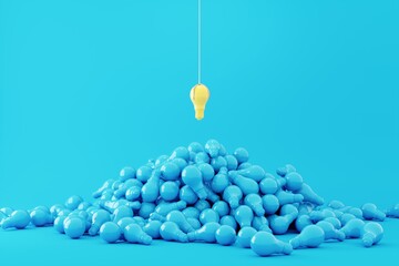 Wall Mural - Yellow Light bulb Floating on blue color light bulb Overlap on blue background. Minimal idea concept. 3D Render. Game machine concept.