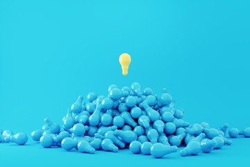 Wall Mural - Yellow Light bulb Floating on blue color light bulb Overlap on blue background. Minimal idea concept. 3D Render.